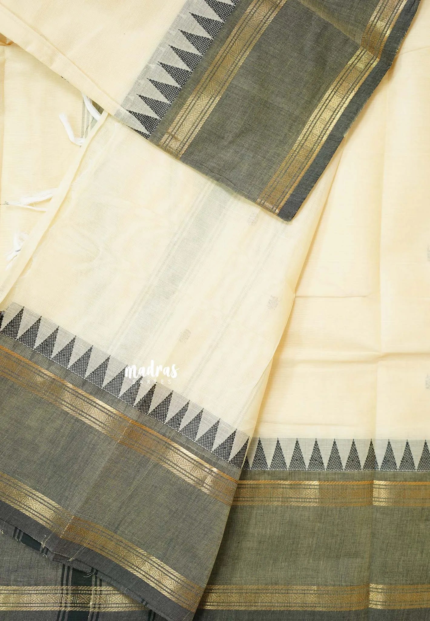 Beige Sandal - Karthigai silk cotton rettapet temple border with Buttas