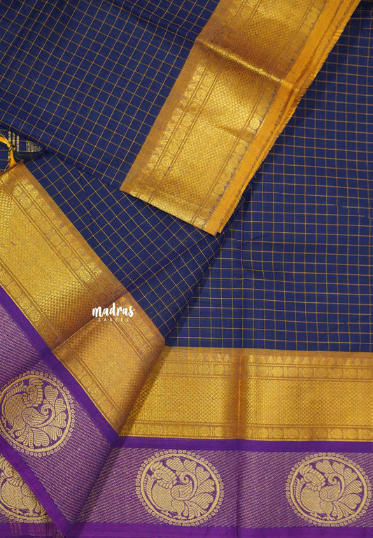 Karthigai silk cotton muthu kattam with annam double border - Navy blue