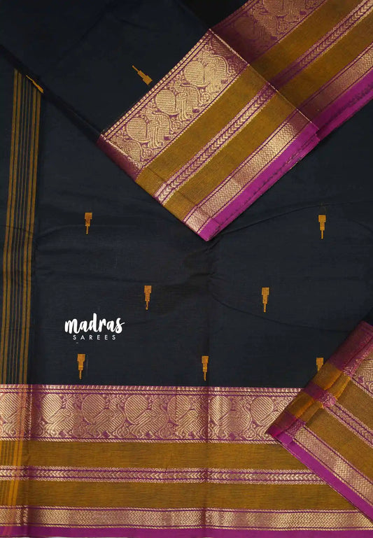 Karthigai silk cotton Triple border with annam  - Black