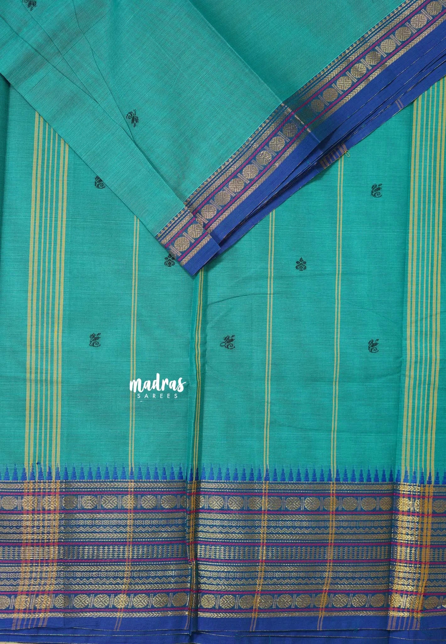 Teal Blue - Karthigai silk cotton  Multi Border Rudraksham with buttas