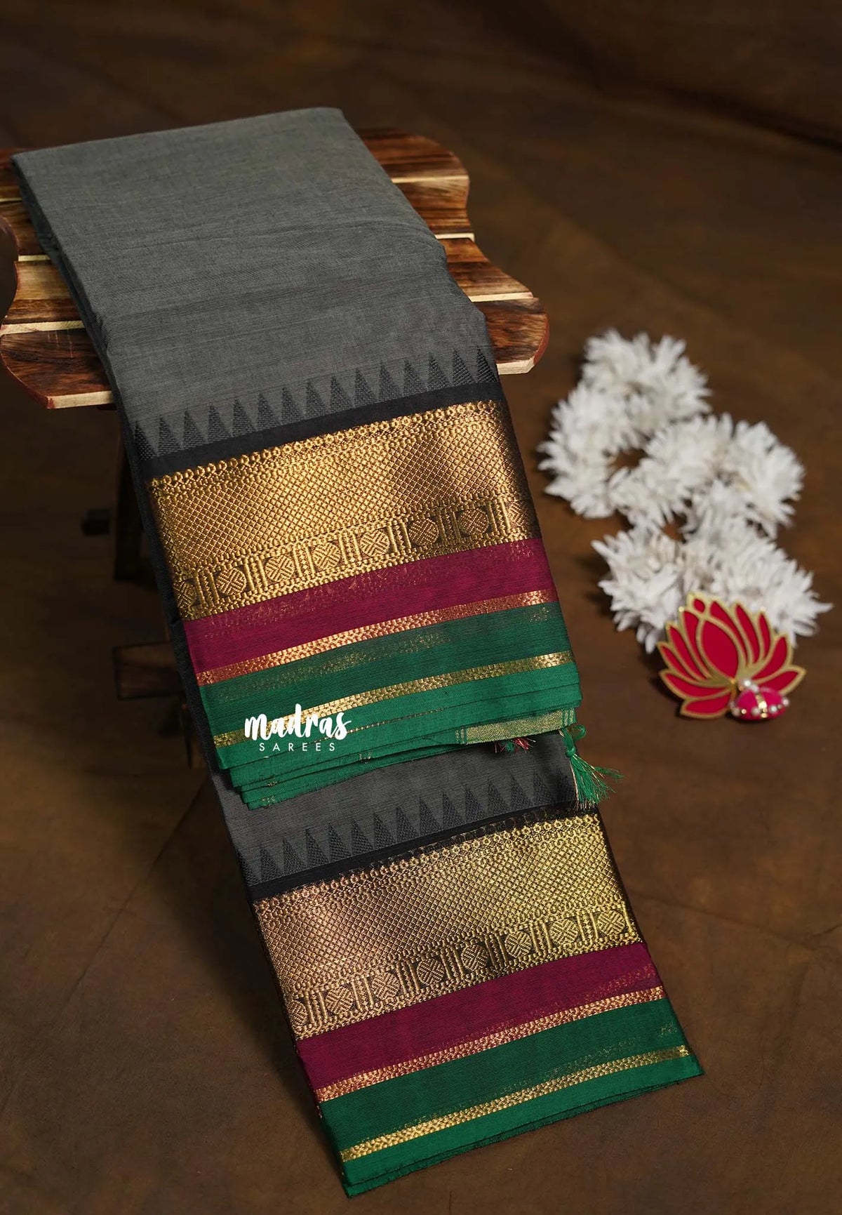 Charcoal Grey - Karthigai Silk Cotton Rudraksham and Multi Color Border - Best for Wedding Functions