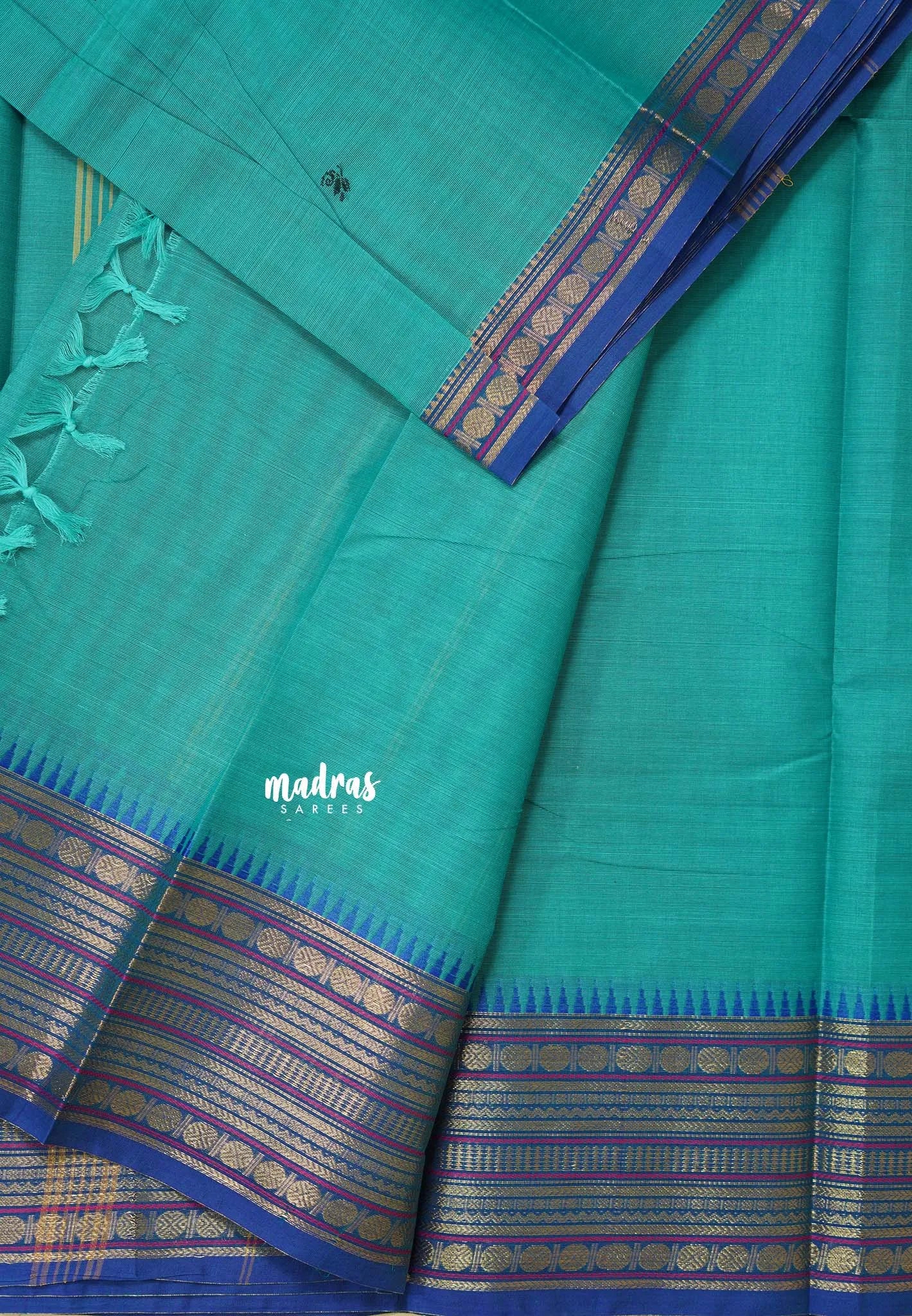 Teal Blue - Karthigai silk cotton  Multi Border Rudraksham with buttas