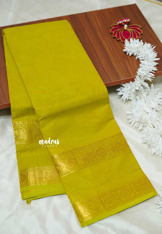 Greenish yellow - Karthigai silk cotton plain body rettapet border single color