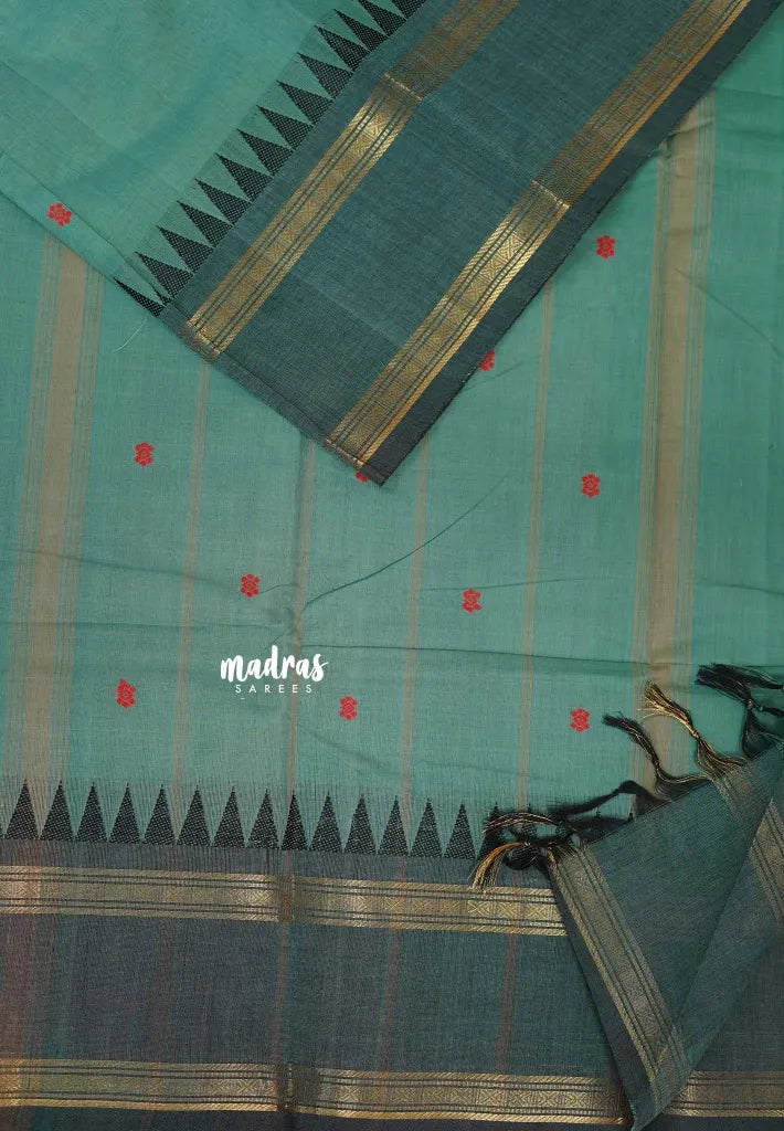 Muted Peacock Blue - Karthigai silk cotton rettapet temple border with buttas