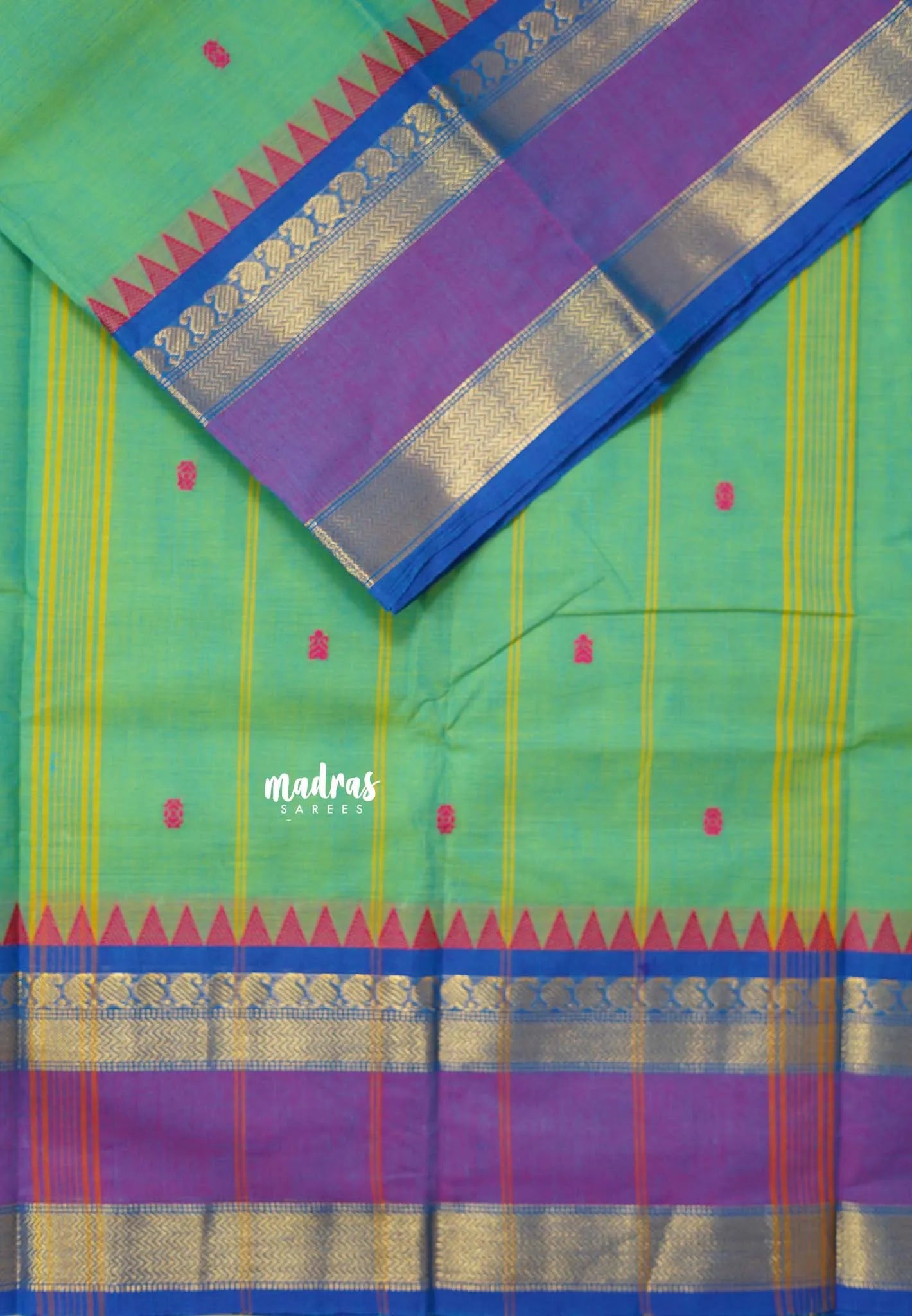 Dual shade Green - Karthigai silk cotton mango and temple skirt border with buttas