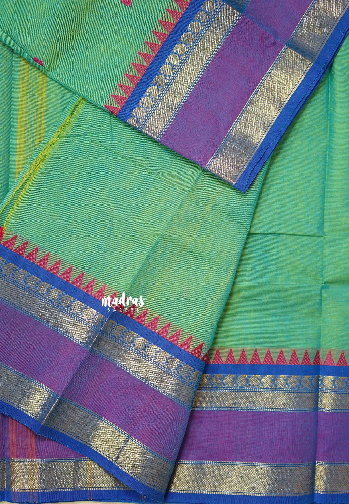 Dual shade Green - Karthigai silk cotton mango and temple skirt border with buttas