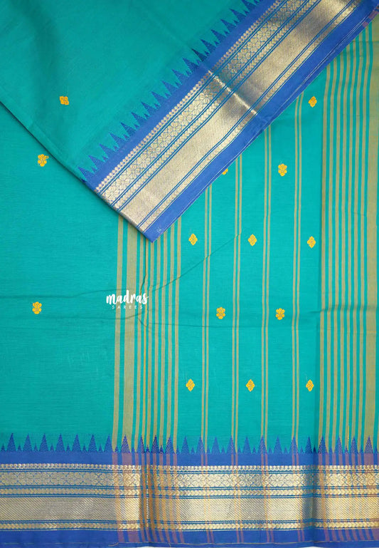 Karthigai silk cotton getti zari with floral border - Teal green