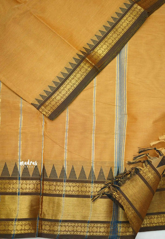 Karthigai silk cotton rettapet and temple border - Pastel brown