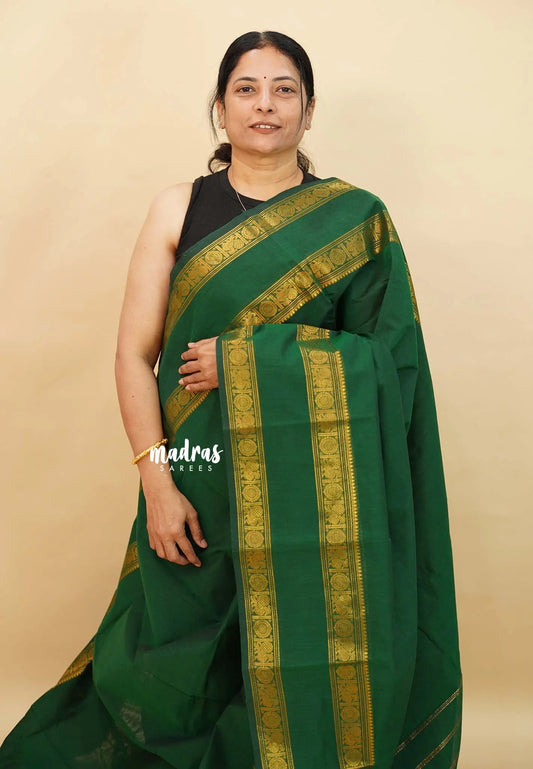 Dark Green - Karthigai silk cotton plain saree with Rettapetta Border