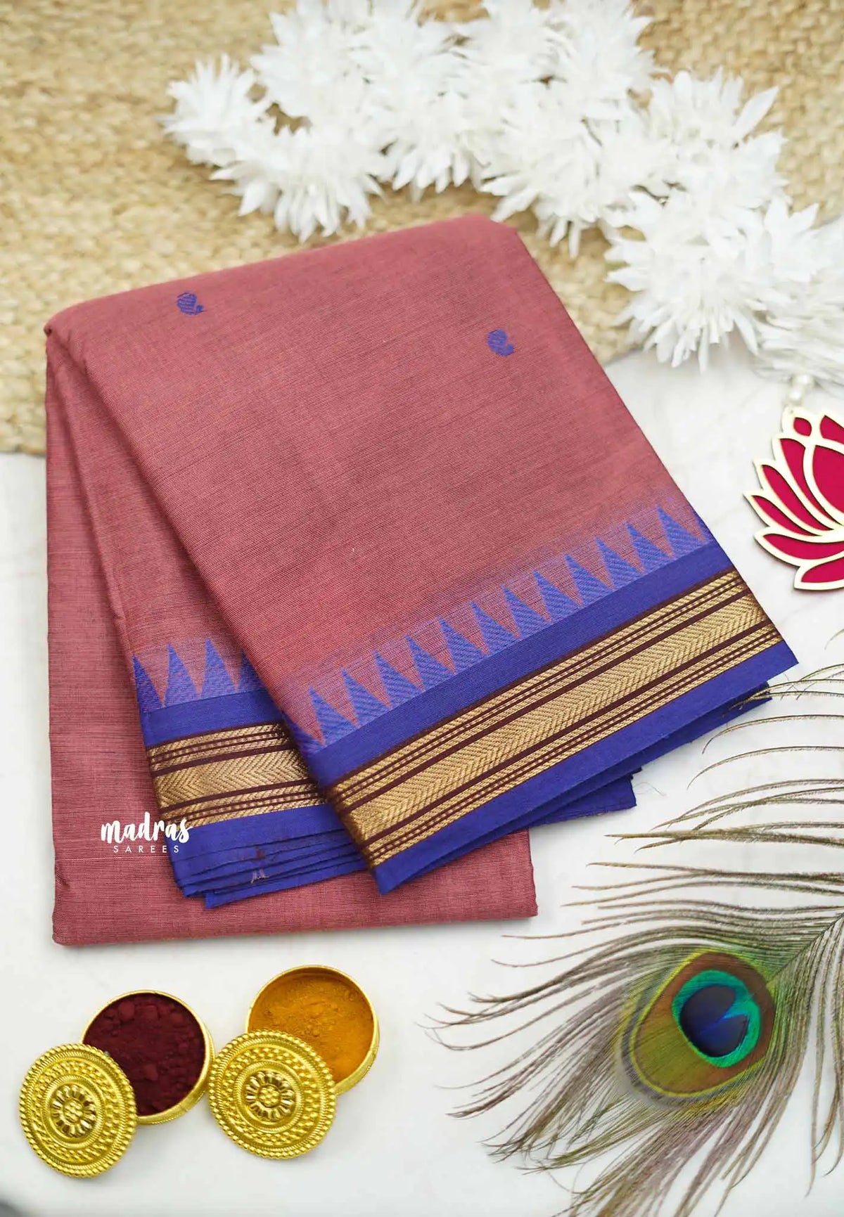 Karthigai silk cotton Plain very small border - English Onion pink