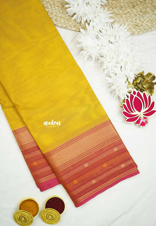 Karthigai silk cotton plain body floral weaving border - Yellow