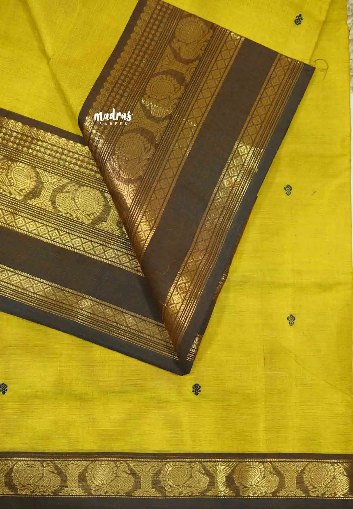 Karthigai silk cotton mayil border - Lemon yellow