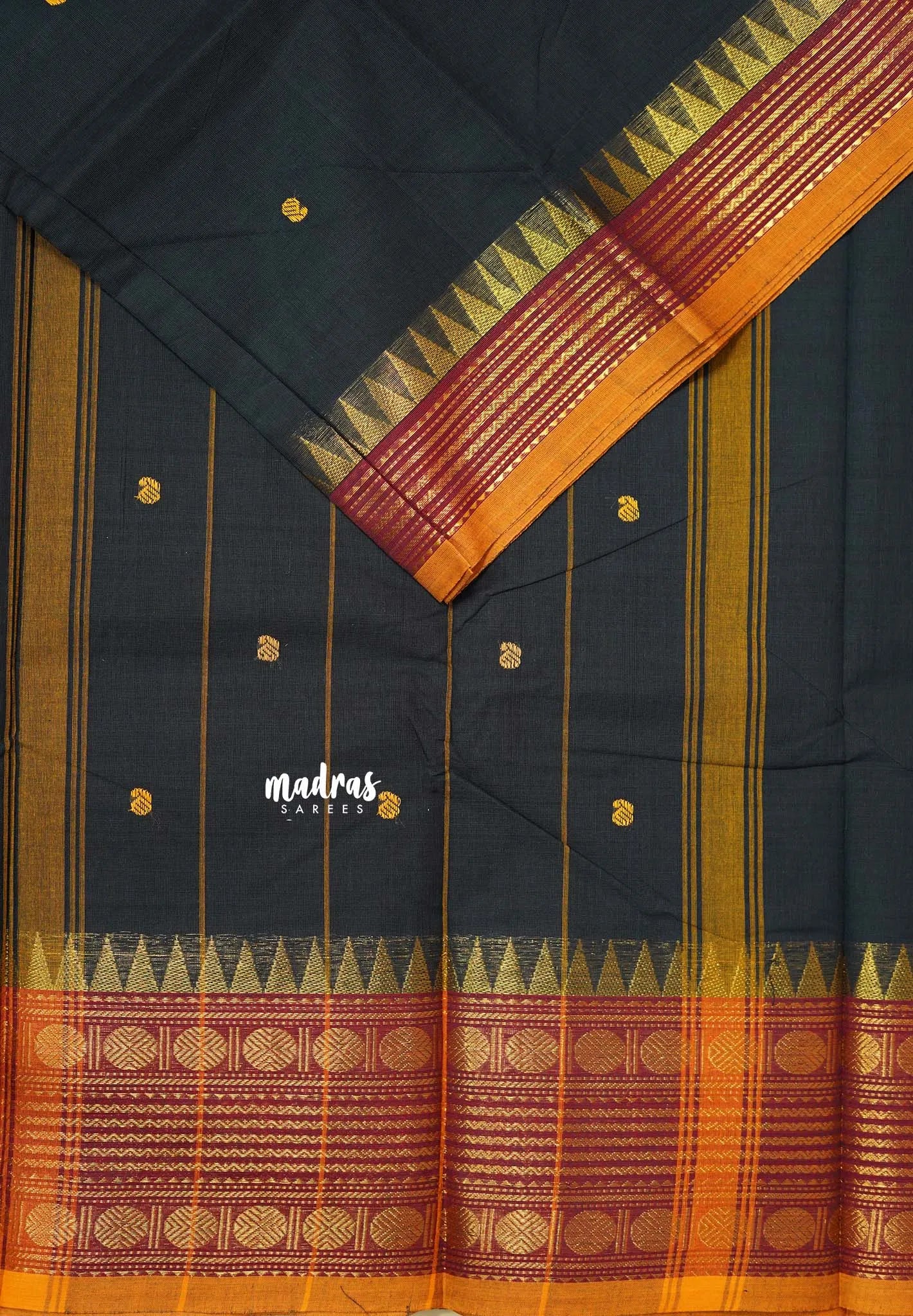 Black - Karthigai silk cotton multi rudraksham border with buttas