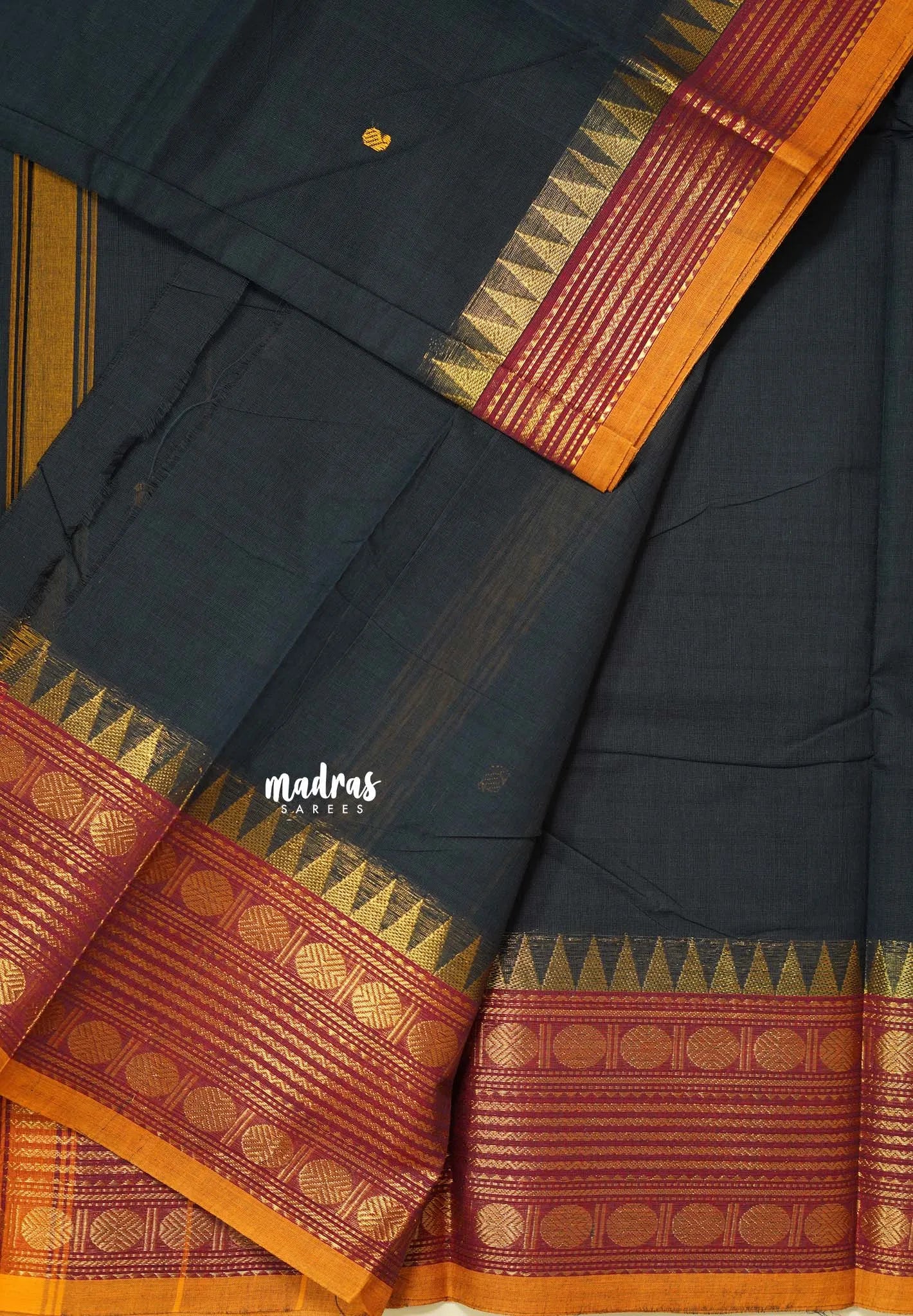 Black - Karthigai silk cotton multi rudraksham border with buttas
