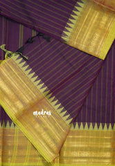 Plum Purple - Karthigai silk cotton multi border with stripes body - Best for Temple Visit