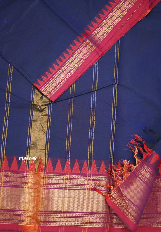 Karthigai silk cotton rettapet and temple border - Deep blue