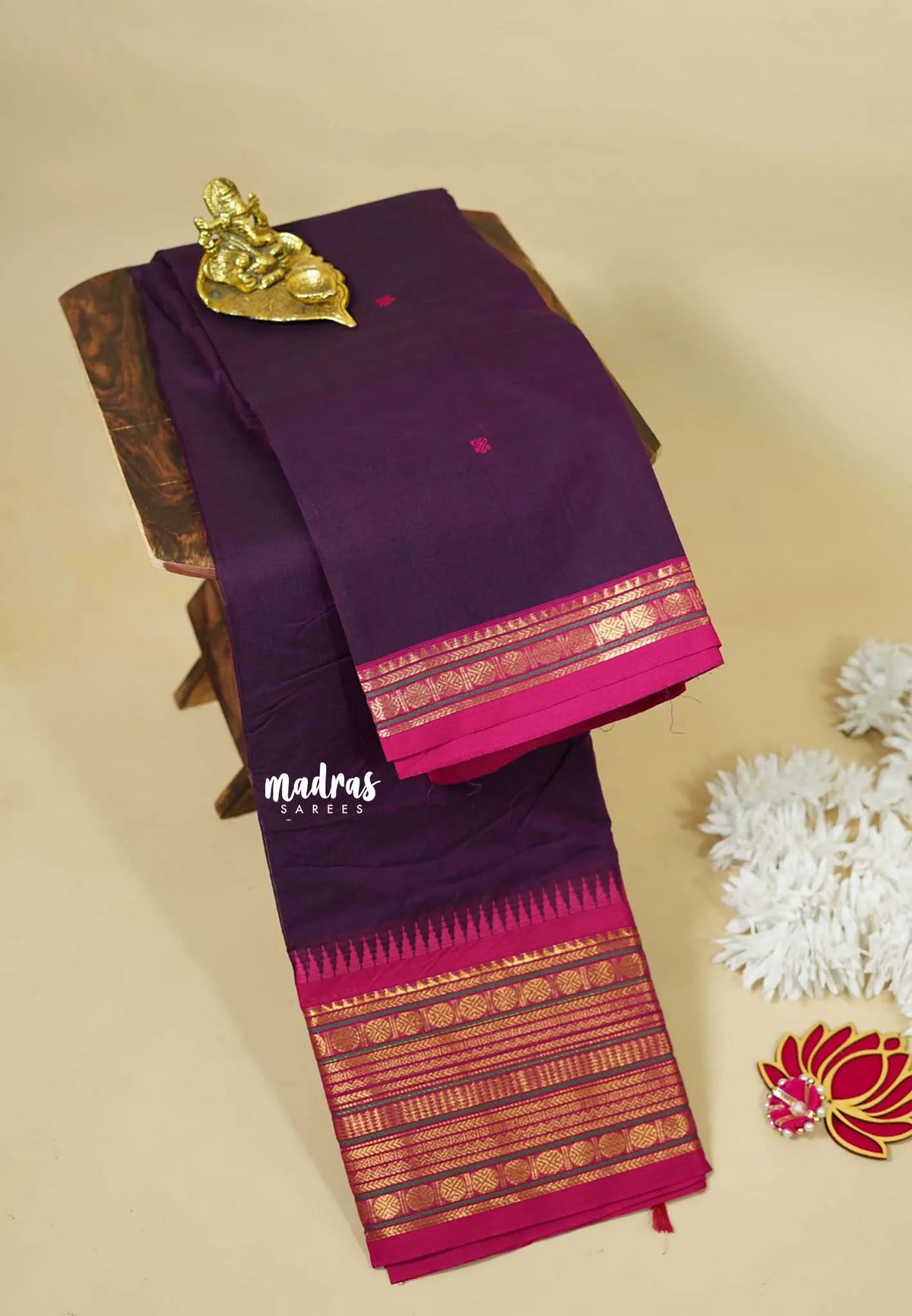 Purple - Karthigai silk cotton  Multi Border Rudraksham with buttas