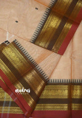 Karthigai silk cotton Rettapet border mayil temple weaving - Beige orange