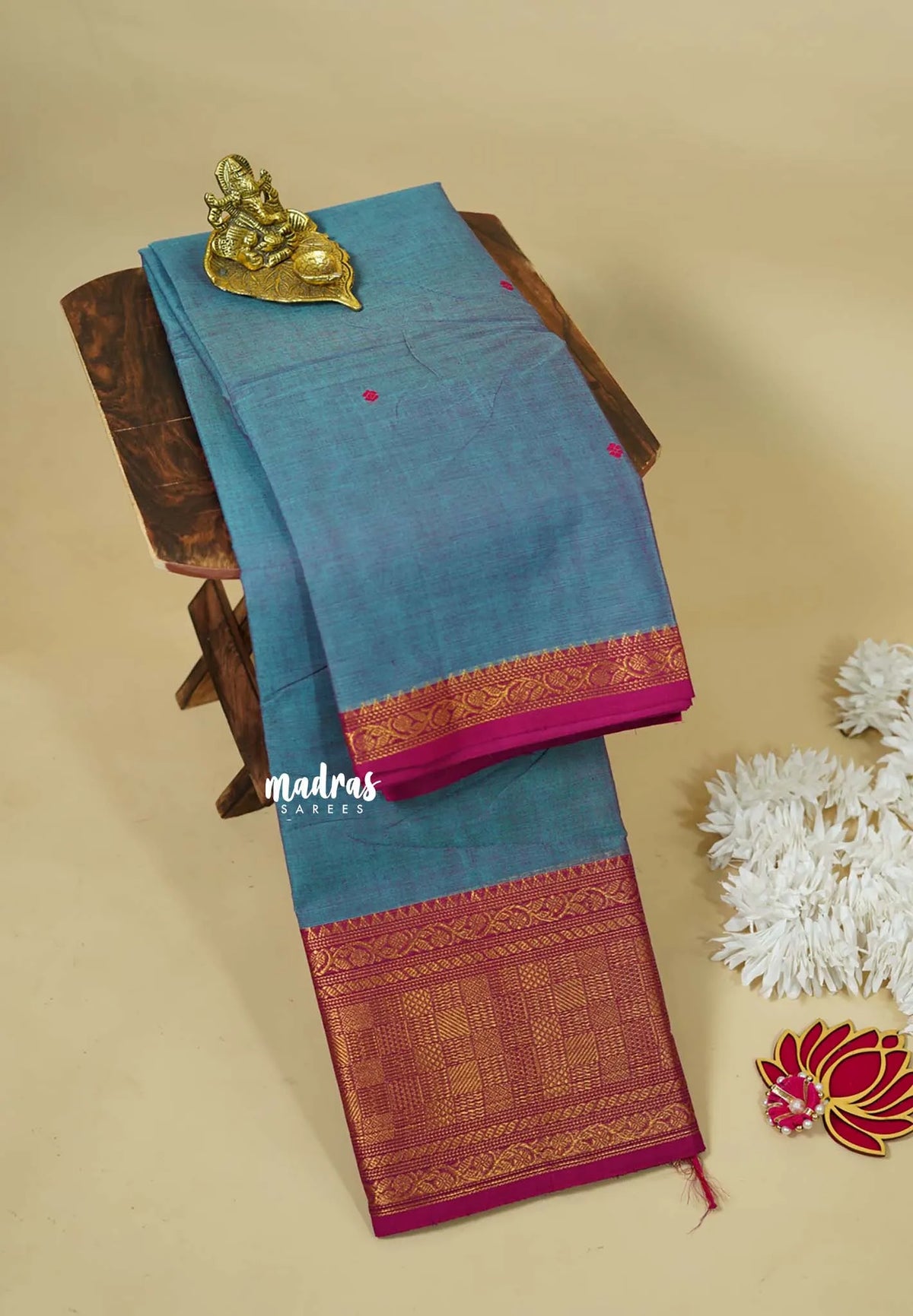 Greyish Blue  - Karthigai silk cotton Multi Checks Border with buttas