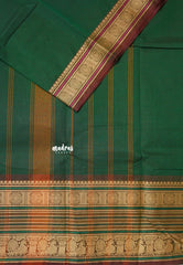 Dark Green - Karthigai silk cotton chettinad lines thread weaving multi border - Best for Wedding Functions