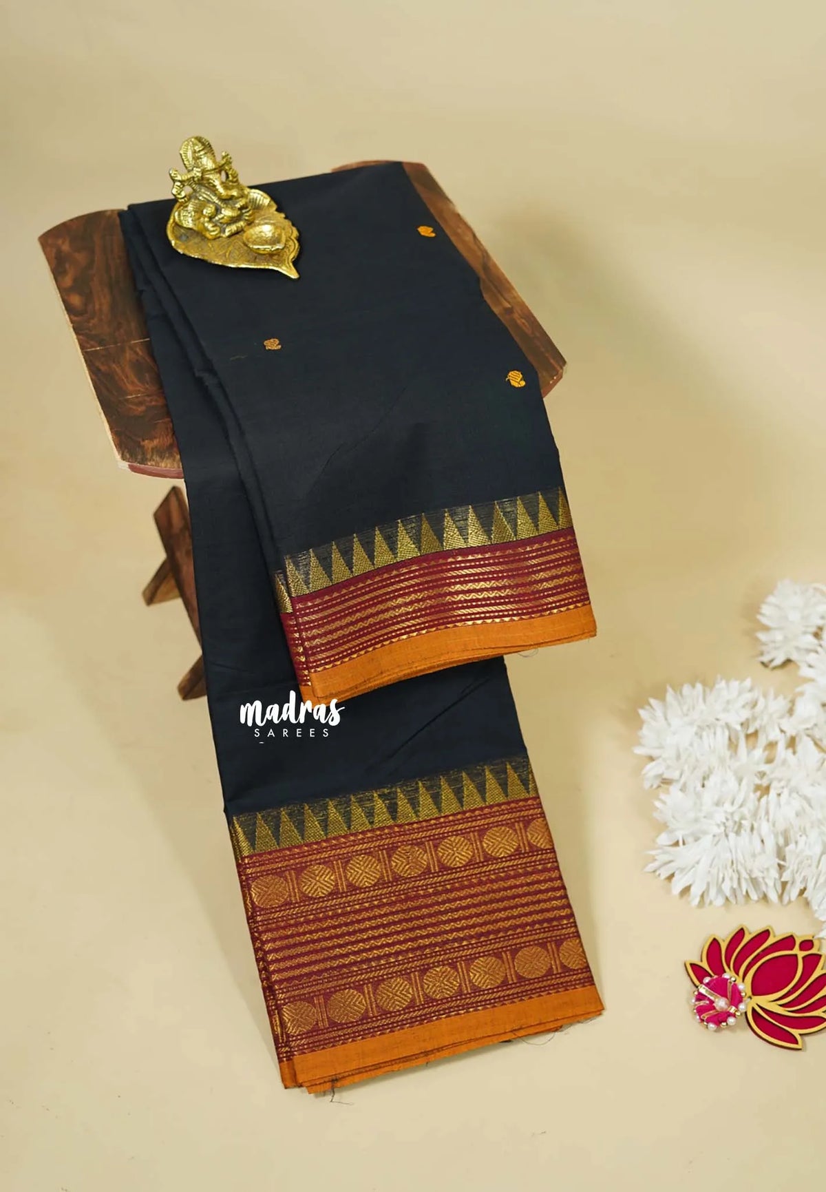 Black - Karthigai silk cotton multi rudraksham border with buttas
