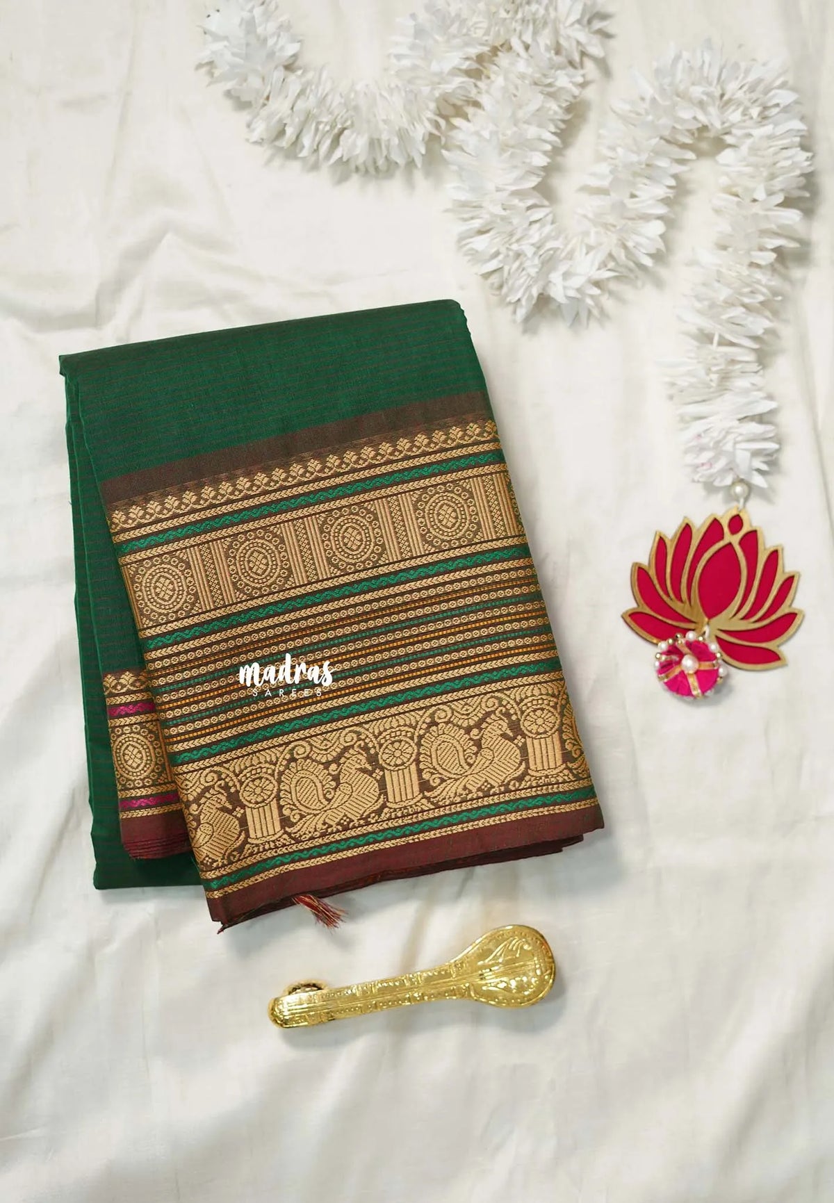 Dark Green - Karthigai silk cotton chettinad lines thread weaving multi border - Best for Wedding Functions