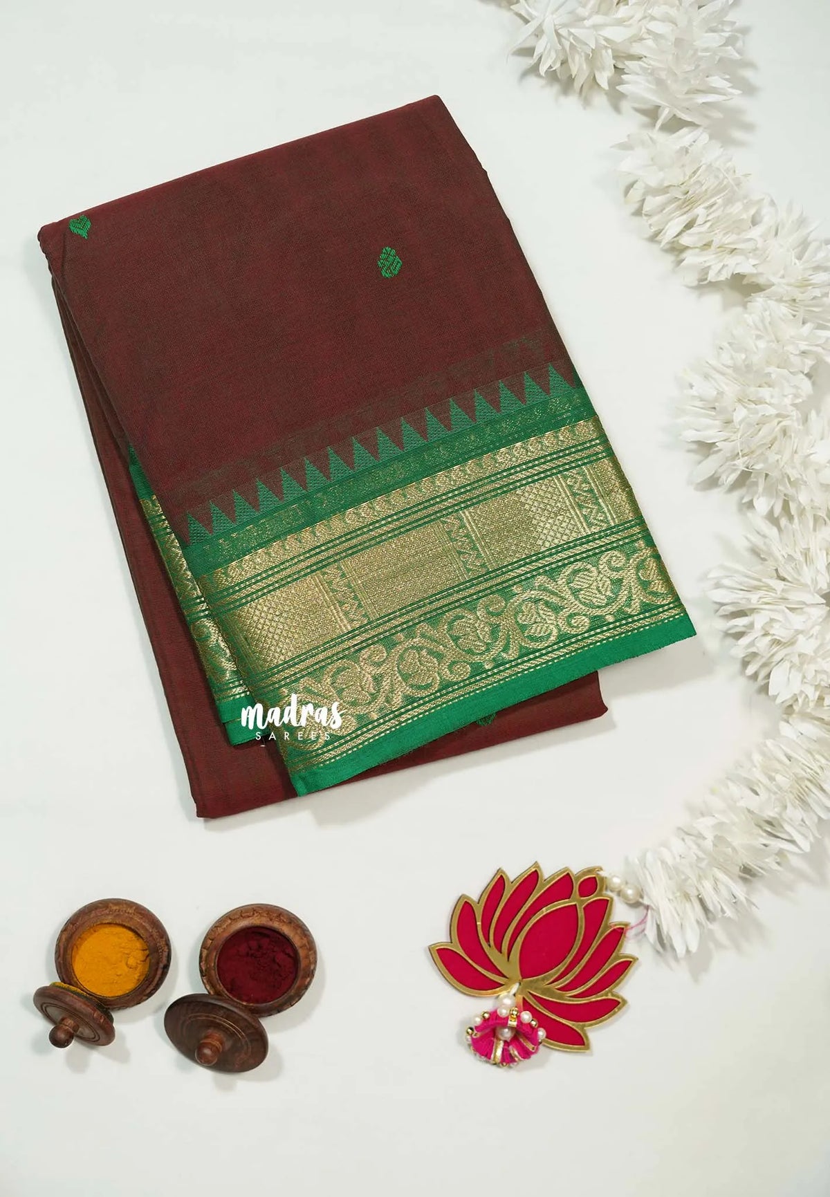 Brown  - Karthigai silk cotton Bavanji box bavanji border with buttas - Best for Wedding Functions