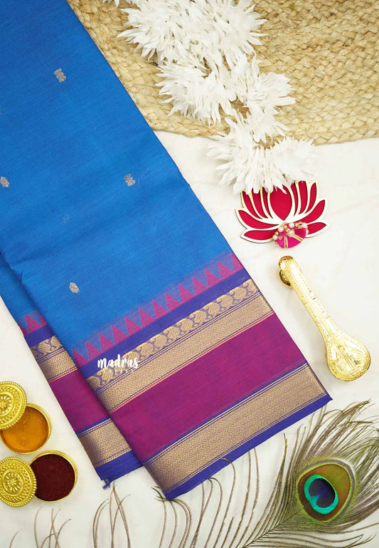 Karthigai silk cotton multi border with temple weaving - Ananda blue