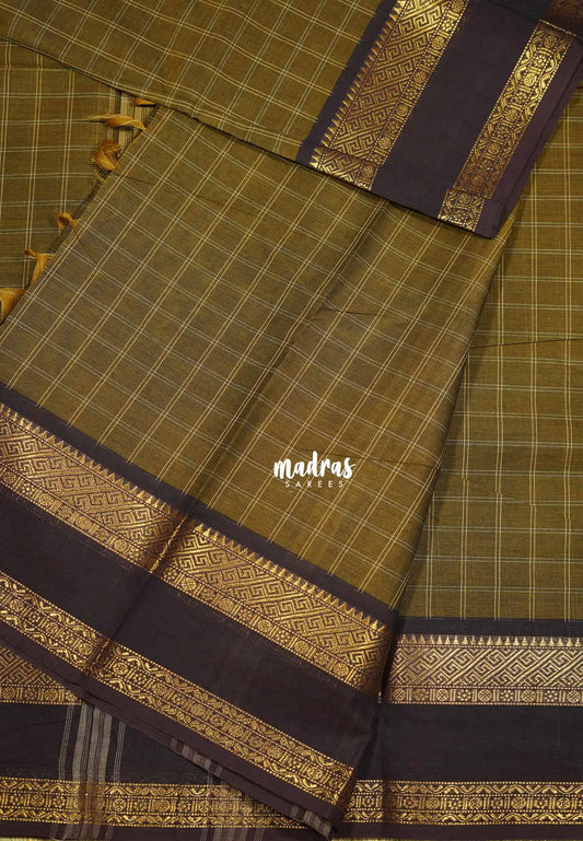 Mehendi brown - Karthigai silk cotton big muthu kattam getti border