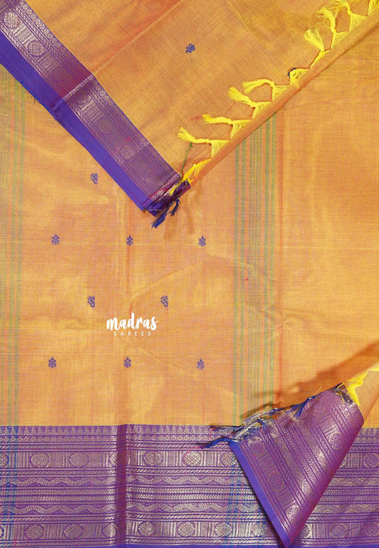Orangish Yellow - Karthigai silk cotton Rudraksham neli big Border with Buttas in saree