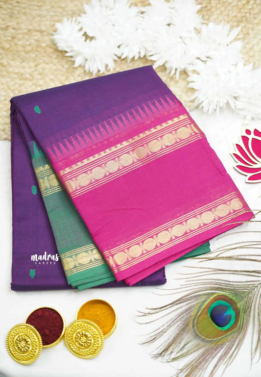 Karthigai silk cotton Rudhraksham Ganga Jamuna border - Purple