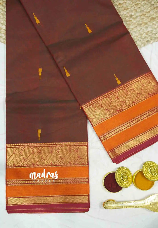 Karthigai silk cotton mayil border - Brick brown