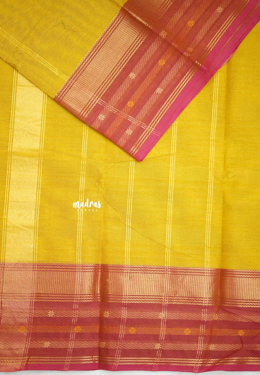 Karthigai silk cotton plain body floral weaving border - Yellow