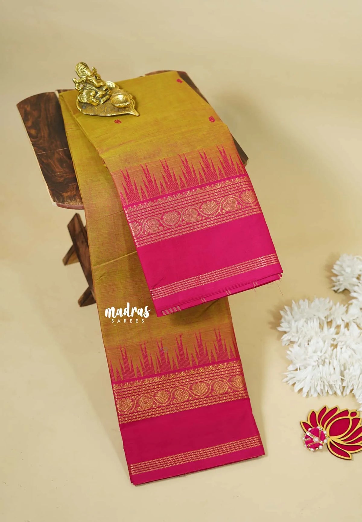 Mustard Yellow - Karthigai silk cotton Big Temple Border with Buttas