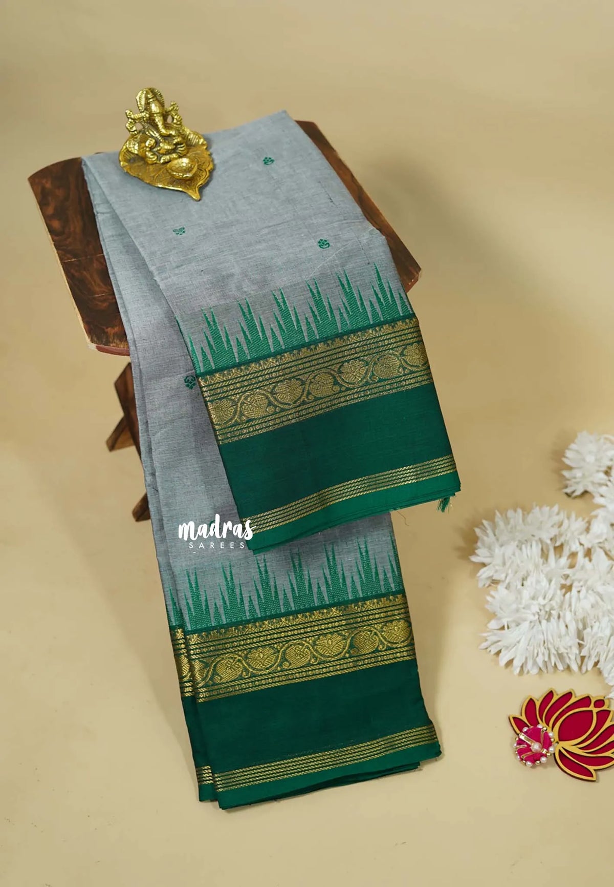 Light Bluish Grey - Karthigai silk cotton Big Temple Border with Buttas