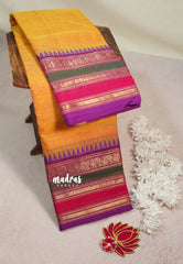 Yellowish Orange - Karthigai Silk Cotton Rudraksham, Peacock and Multi Color Border - Best for Festival Wear