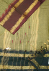 Karthigai silk cotton Big Rudhraksham Ganga Jamuna border - Greenish grey