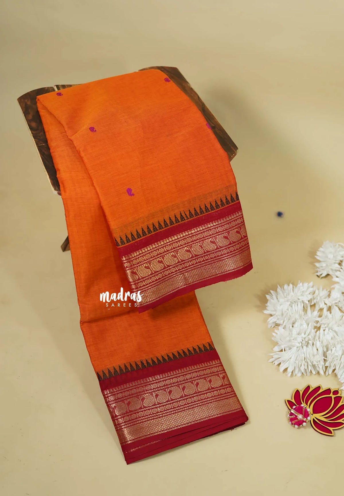 Sunset Orange - Karthigai silk cotton Saree Bavanji and Mango border with buttas