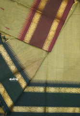 Karthigai silk cotton Big Rudhraksham Ganga Jamuna border - Greenish grey