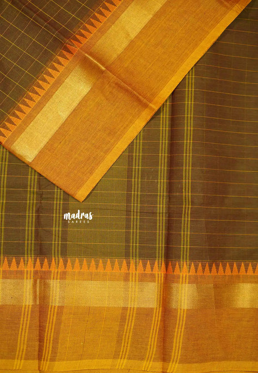 Karthigai silk cotton checks body - Greenish brown