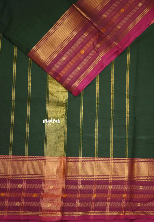 Karthigai silk cotton plain body floral weaving border - Green