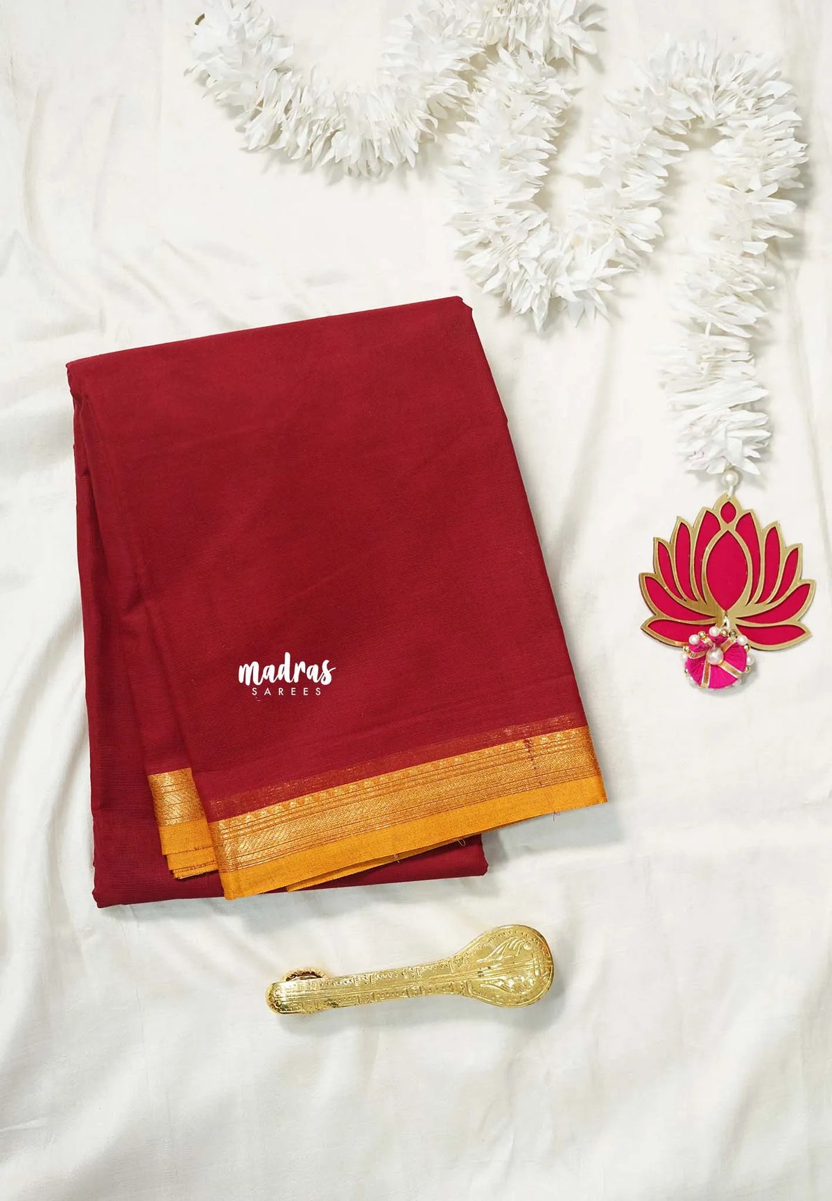 Reddish Maroon - Karthigai silk cotton Plain very small bavanji border - Best for Small Functions