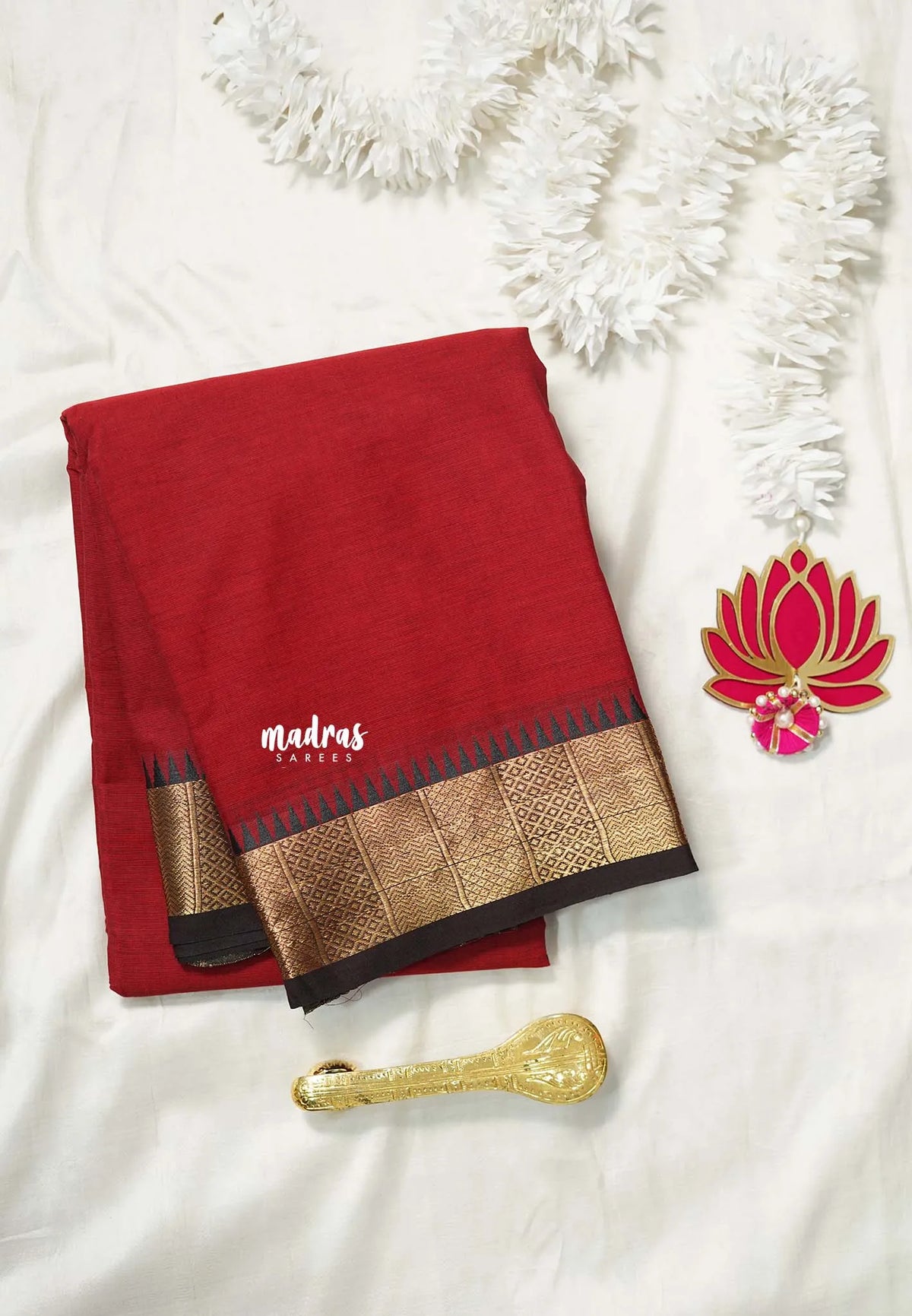 Dark Red - Karthigai silk cotton plain body Bavanji box border - Best for Wedding Functions
