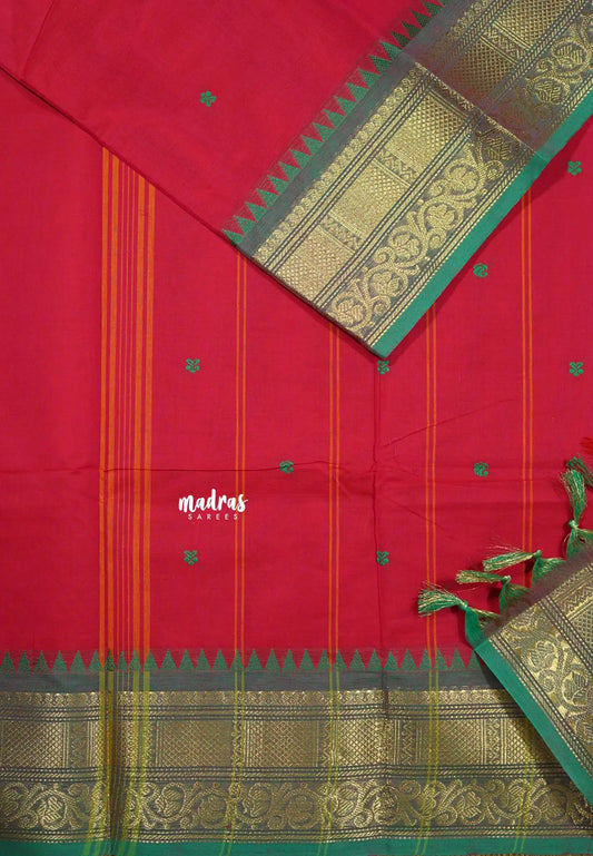 Reddish Pink - Karthigai silk cotton Bavanji box temple border with buttas