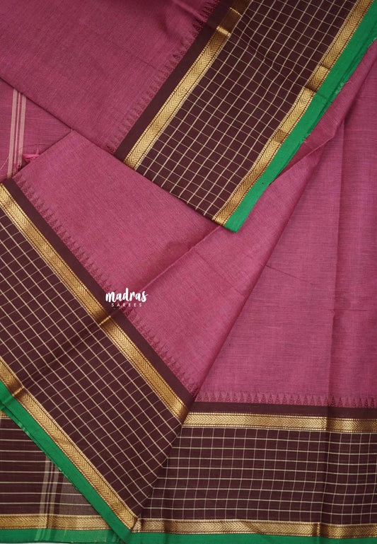 Karthigai silk cotton plain body checks border - Onion pink