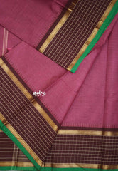 Karthigai silk cotton plain body checks border - Onion pink