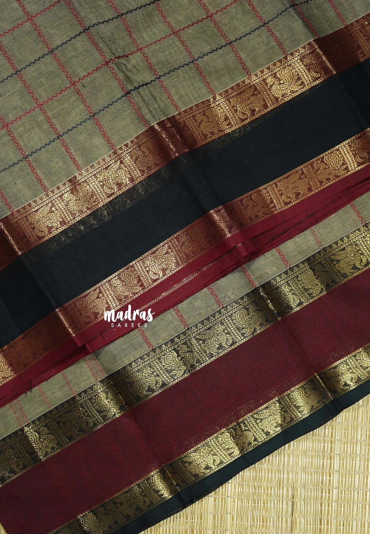 Olive Grey - Premium Karthigai silk cotton big Checks Ganga Jamuna Border