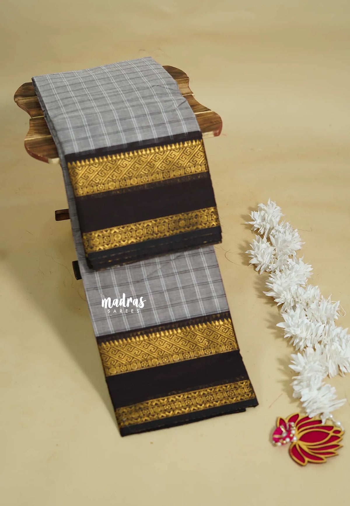 Pastel Taupe - Karthigai silk cotton Big Muthu Kattam Checks with Rettapeta Border - Best for Small Functions