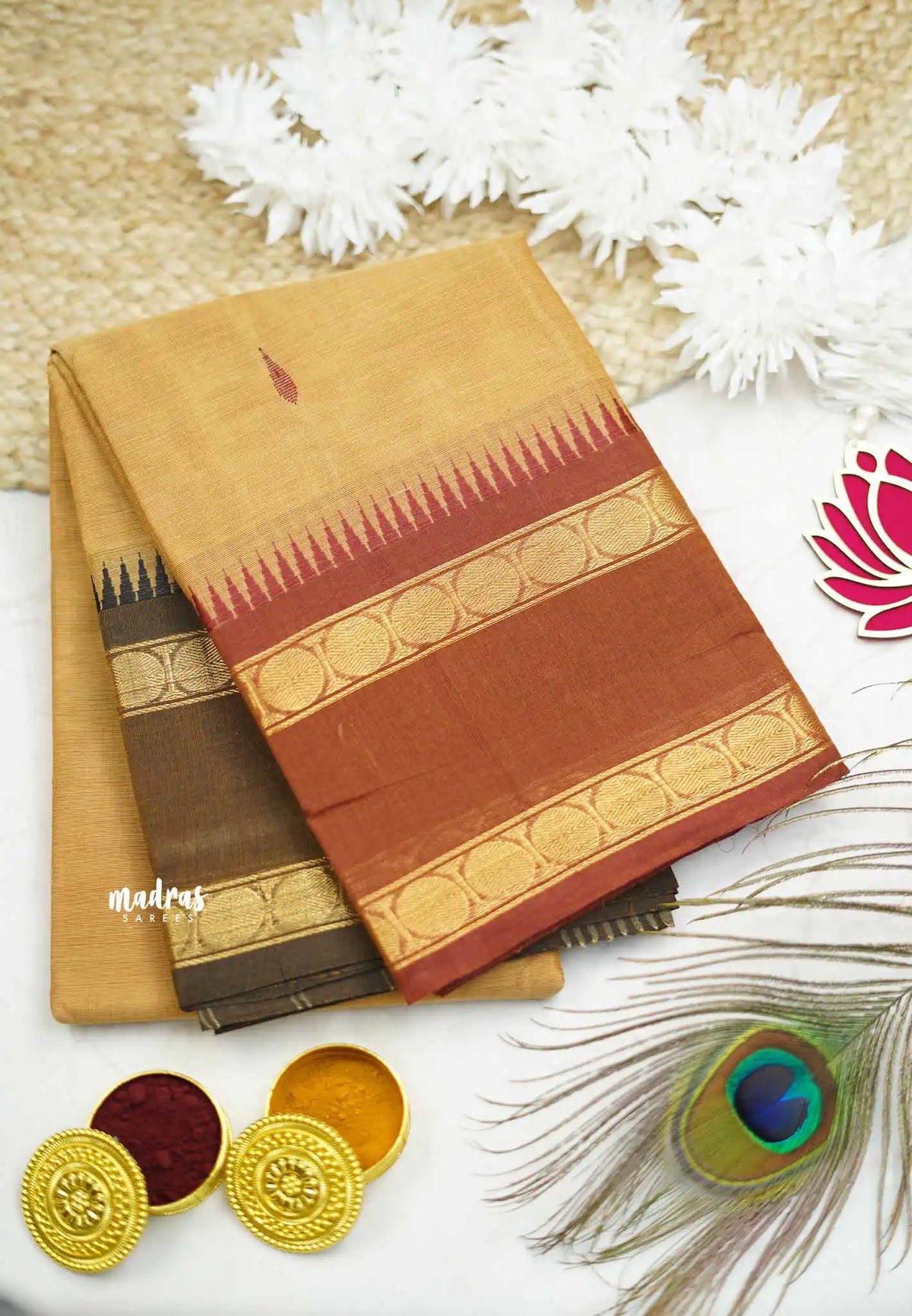 Karthigai silk cotton Big Rudhraksham Ganga Jamuna border - Pastel brown