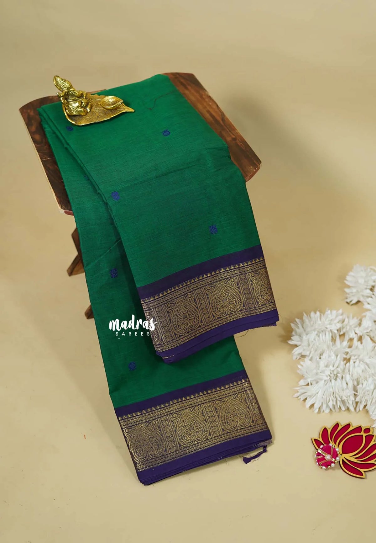 Dark Green - Karthigai silk cotton buttas with heart border